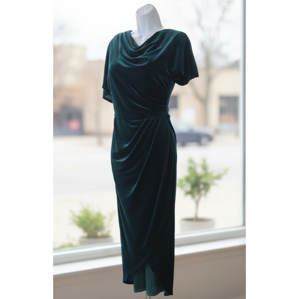 Green Velvet Maxi Dress 14 Faux Wrap One Shoulder w/ Drape Holiday Event NWT